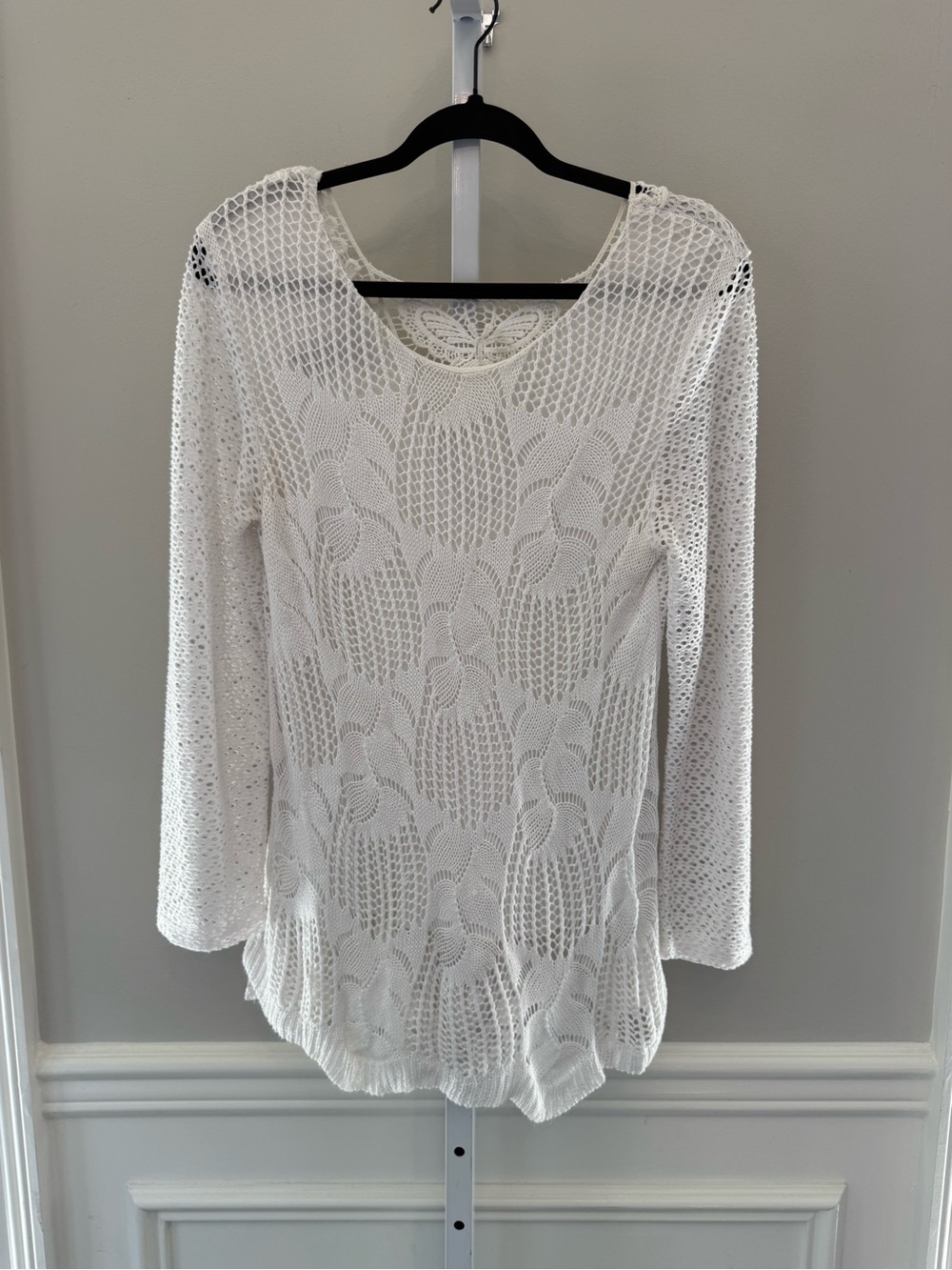 LaSeine White Crochet Knit Long Sleeve Openwork Top M